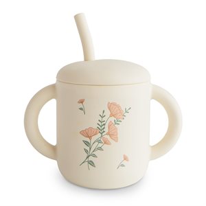 Mushie Silicone Training Cup + Straw - Pink Flowers